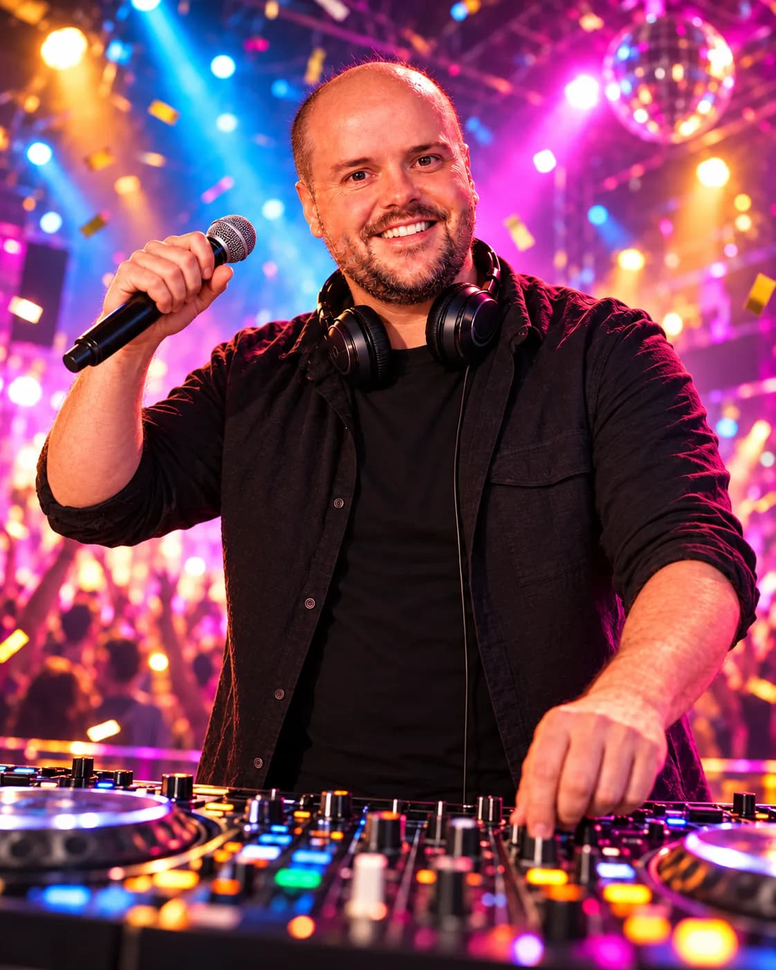 DJ Markza draait in een club met een dj-console en kleurrijke feestverlichting