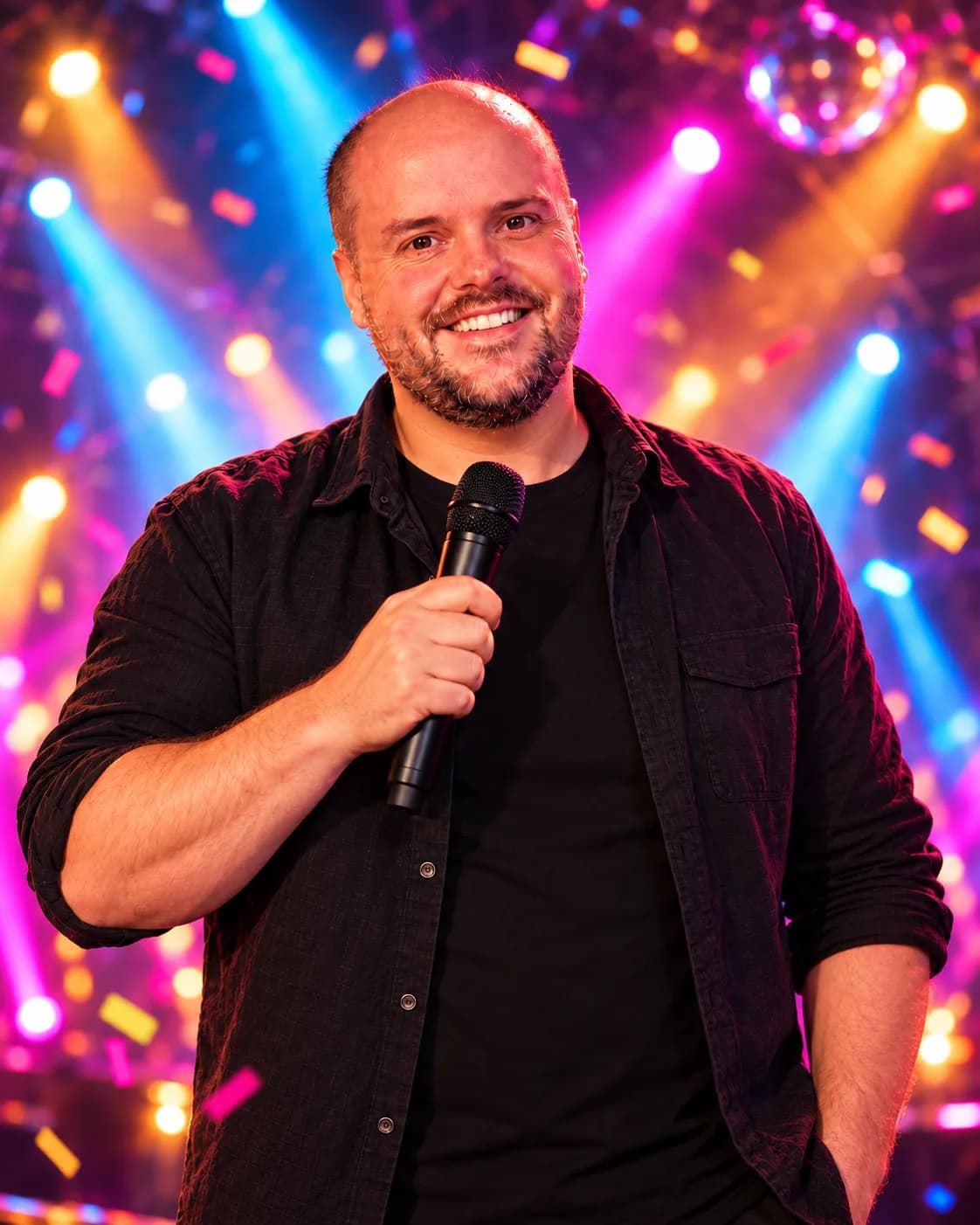 DJ Markza met een microfoon tijdens een optreden met kleurrijke verlichting